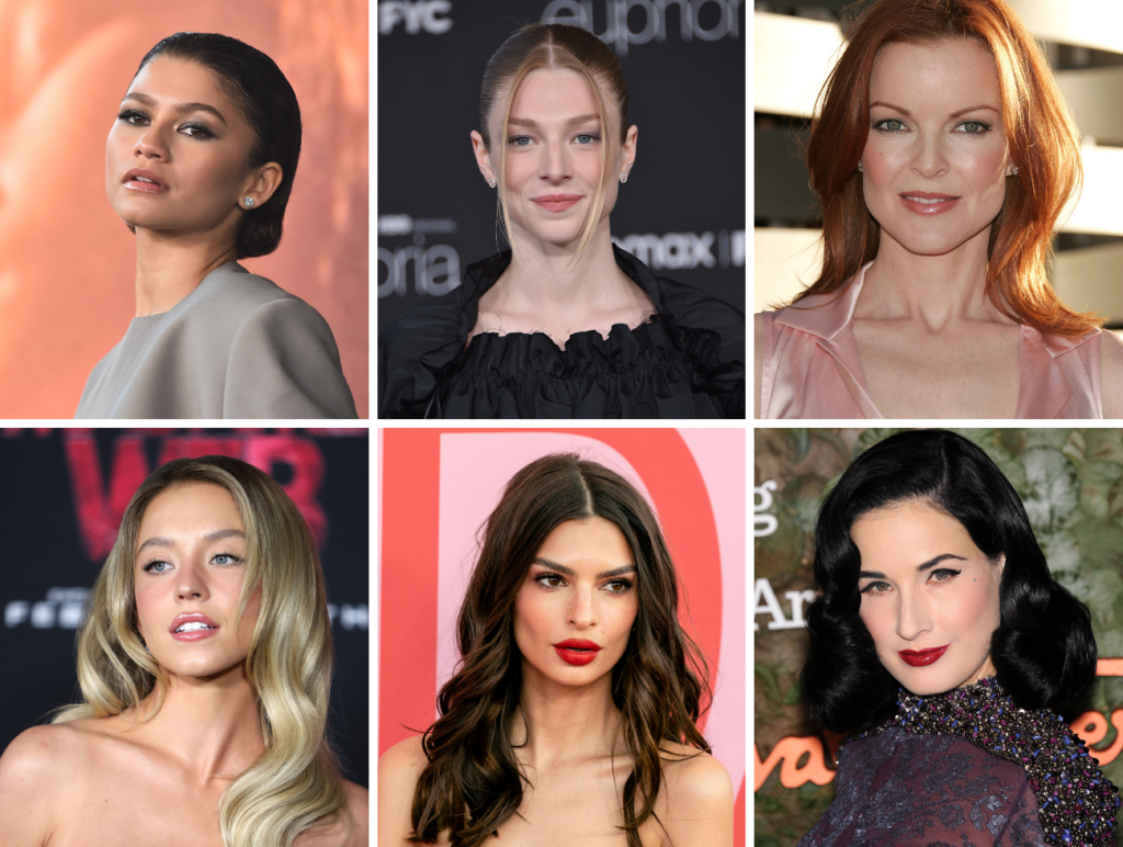 Stars machen den Low-Mid-High-Contrast-Make-up-Trend vor: (von links nach rechts zu sehen) Zendaya, Hunter Schafer, Marcia Cross, Sydney Sweeney, Emily Ratajkowski, Dita von Teese