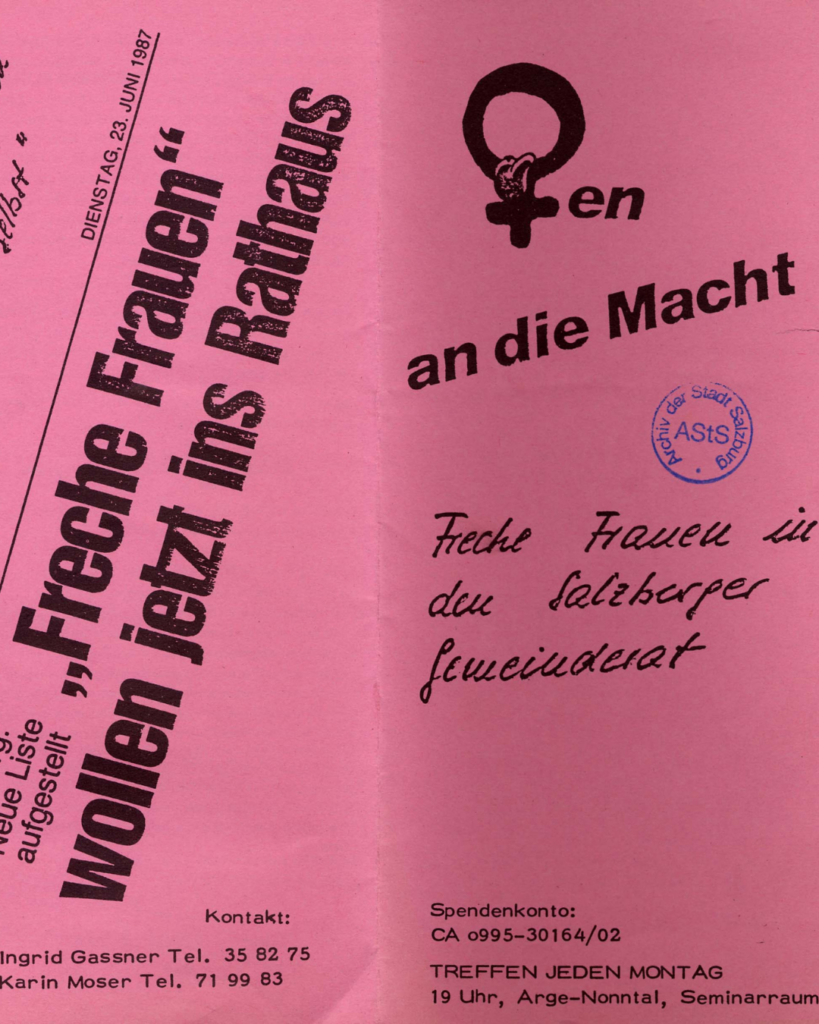 Auf dem Bild ist ein Plakat einer Frauenrecht-Demo zu sehen. "Freche Frauen in den Salzburger Gemeinderat"