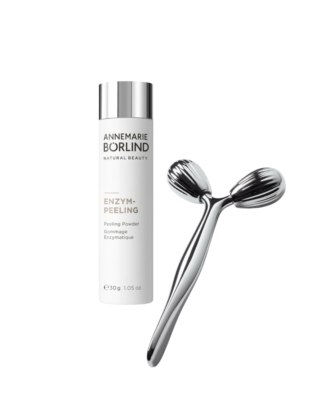 Enzympeeling von Annemarie Börlind, um 
ca. € 38,– / Gesichtsroller von Payot, um € 31,–  