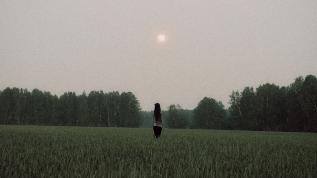 Eine Frau geht über eine Wiese mit abendlichem Himmel und Mond über ihr